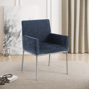 Meridian Furniture Reeves Chenille Upholstered Arm Chair with Brushed Silver Iron Frame for Dining 11003Navy-C