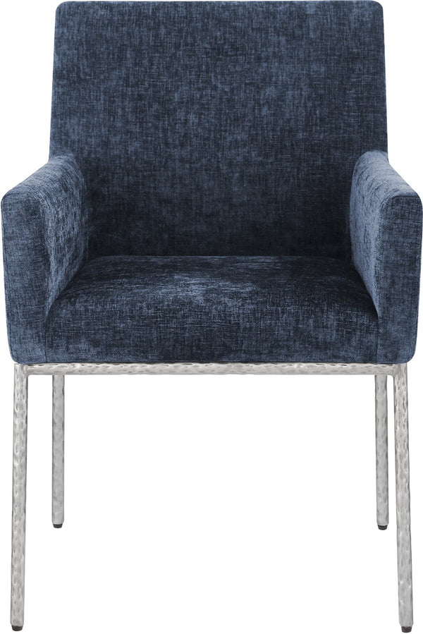 Meridian Furniture Reeves Chenille Upholstered Arm Chair with Brushed Silver Iron Frame for Dining 11003Navy-C