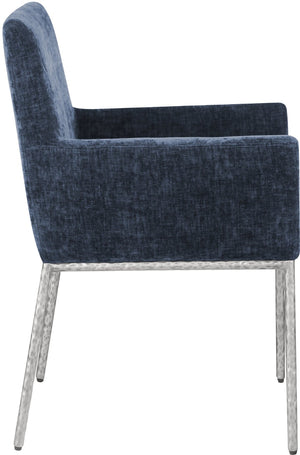 Meridian Furniture Reeves Chenille Upholstered Arm Chair with Brushed Silver Iron Frame for Dining 11003Navy-C