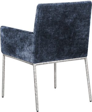 Meridian Furniture Reeves Chenille Upholstered Arm Chair with Brushed Silver Iron Frame for Dining 11003Navy-C
