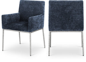 Meridian Furniture Reeves Chenille Upholstered Arm Chair with Brushed Silver Iron Frame for Dining 11003Navy-C