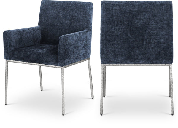 Meridian Furniture Reeves Chenille Upholstered Arm Chair with Brushed Silver Iron Frame for Dining 11003Navy-C