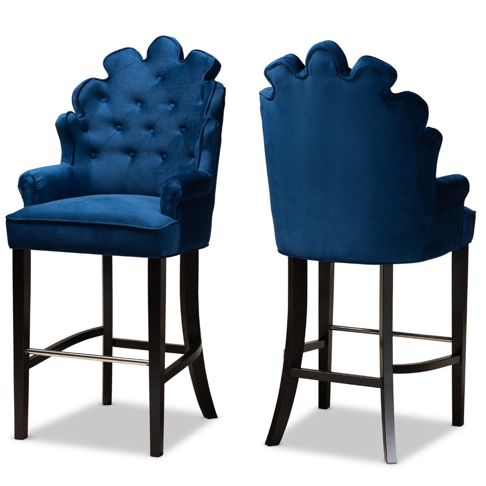 Baxton Studio Baxton Chloe Modern Navy Blue Velvet Bar Stool Set with Elegant Dark Brown Wood Frame & Comfort Design BBT5408B-Navy Blue Velvet/Wenge-BS