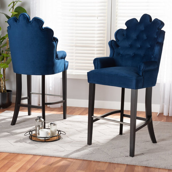 Baxton Studio Baxton Chloe Modern Navy Blue Velvet Bar Stool Set with Elegant Dark Brown Wood Frame & Comfort Design BBT5408B-Navy Blue Velvet/Wenge-BS