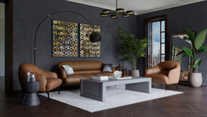 Sunpan Armani Italian Aniline Leather Sofa Curved Silhouette with Matte Black Iron Legs 110089