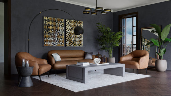Sunpan Armani Italian Aniline Leather Sofa Curved Silhouette with Matte Black Iron Legs 110089
