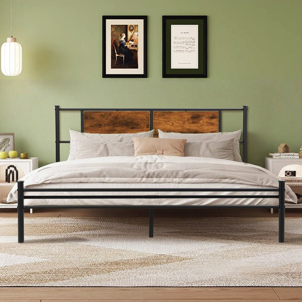 English Elm Queen Victorian Platform Bed Wood Paneling Metal Frame with Under Bed Storage Space W3286P308744