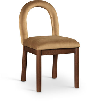 Meridian Furniture Conrad Sculptural Arched Back Saddle Velvet Dining Chair with Walnut Leg Finish 11009Saddle-C