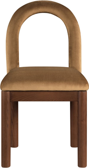 Meridian Furniture Conrad Sculptural Arched Back Saddle Velvet Dining Chair with Walnut Leg Finish 11009Saddle-C