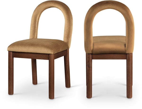 Meridian Furniture Conrad Sculptural Arched Back Saddle Velvet Dining Chair with Walnut Leg Finish 11009Saddle-C