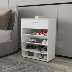 English Elm FM FM FURNITURE Onawa Modern Shoe Rack with Drawer, White — Sleek Entryway Organizer with Spacious Shelf Storage and Durable Melamine Finish B128P293860