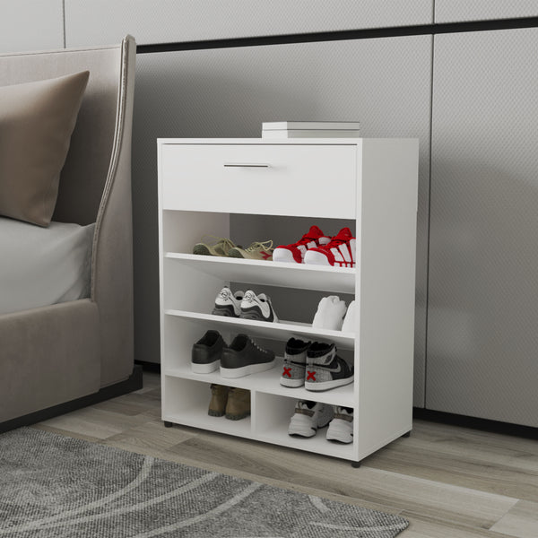 English Elm FM FM FURNITURE Onawa Modern Shoe Rack with Drawer, White — Sleek Entryway Organizer with Spacious Shelf Storage and Durable Melamine Finish B128P293860