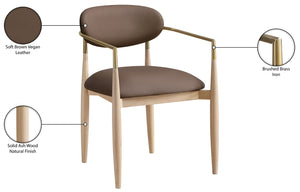 Meridian Furniture Riccio Vegan Leather Dining Arm Chair with Ash Wood Frame and Brass Accents 11010Brown-AC