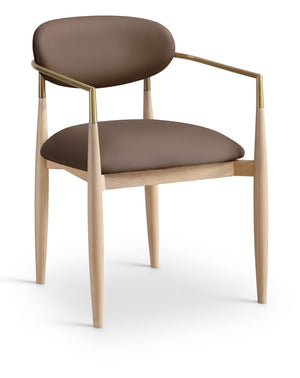 Meridian Furniture Riccio Vegan Leather Dining Arm Chair with Ash Wood Frame and Brass Accents 11010Brown-AC