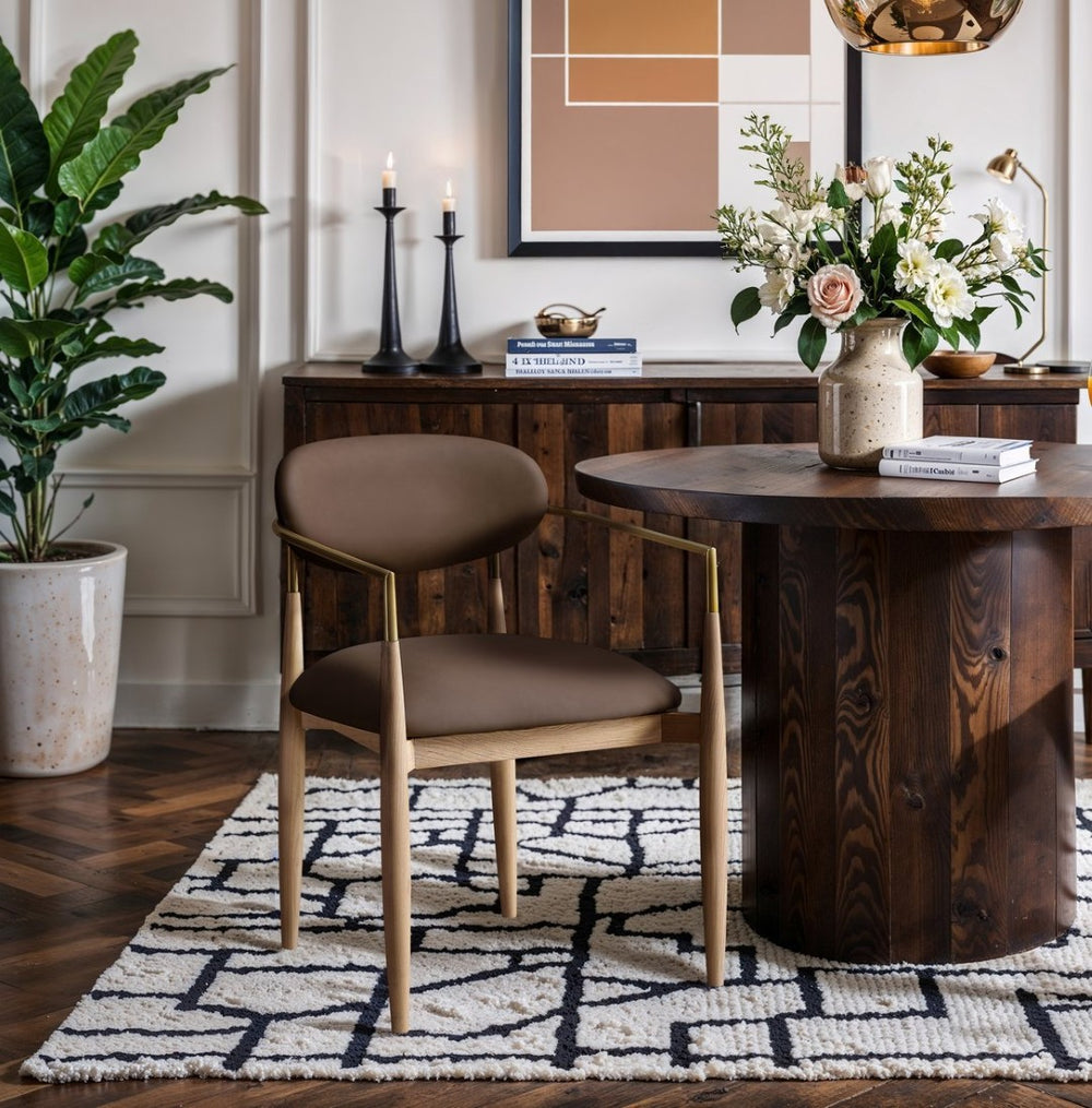 Meridian Furniture Riccio Vegan Leather Dining Arm Chair with Ash Wood Frame and Brass Accents 11010Brown-AC