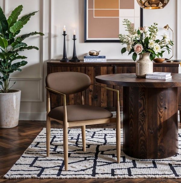 Meridian Furniture Riccio Vegan Leather Dining Arm Chair with Ash Wood Frame and Brass Accents 11010Brown-AC