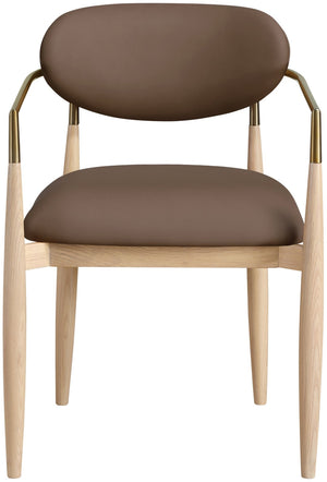 Meridian Furniture Riccio Vegan Leather Dining Arm Chair with Ash Wood Frame and Brass Accents 11010Brown-AC