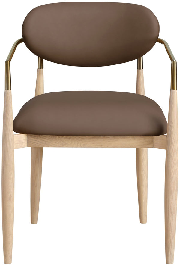 Meridian Furniture Riccio Vegan Leather Dining Arm Chair with Ash Wood Frame and Brass Accents 11010Brown-AC