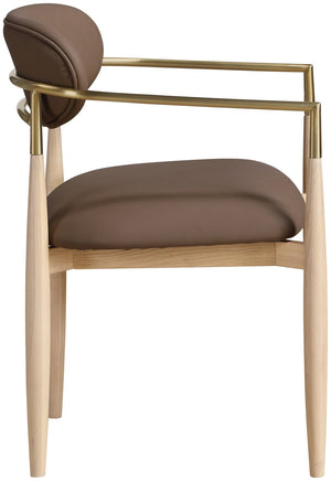 Meridian Furniture Riccio Vegan Leather Dining Arm Chair with Ash Wood Frame and Brass Accents 11010Brown-AC