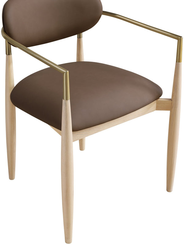 Meridian Furniture Riccio Vegan Leather Dining Arm Chair with Ash Wood Frame and Brass Accents 11010Brown-AC