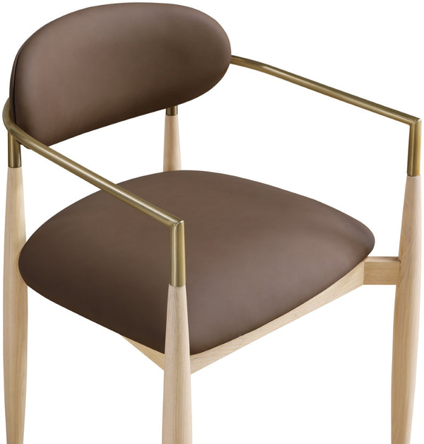 Meridian Furniture Riccio Vegan Leather Dining Arm Chair with Ash Wood Frame and Brass Accents 11010Brown-AC