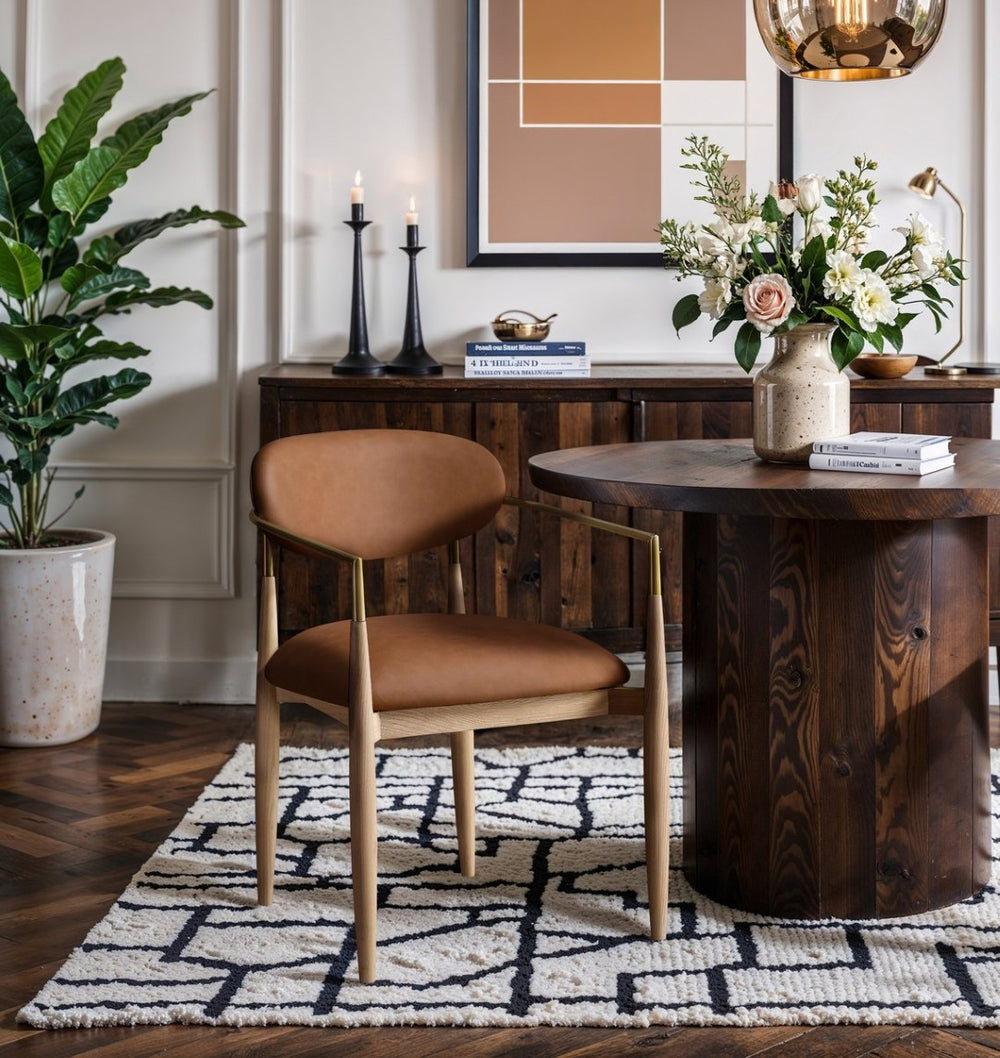 Meridian Furniture Riccio Vegan Leather Dining Arm Chair with Ash Wood Frame and Brass Hardware 11010Cognac-AC