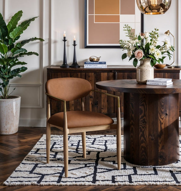 Meridian Furniture Riccio Vegan Leather Dining Arm Chair with Ash Wood Frame and Brass Hardware 11010Cognac-AC
