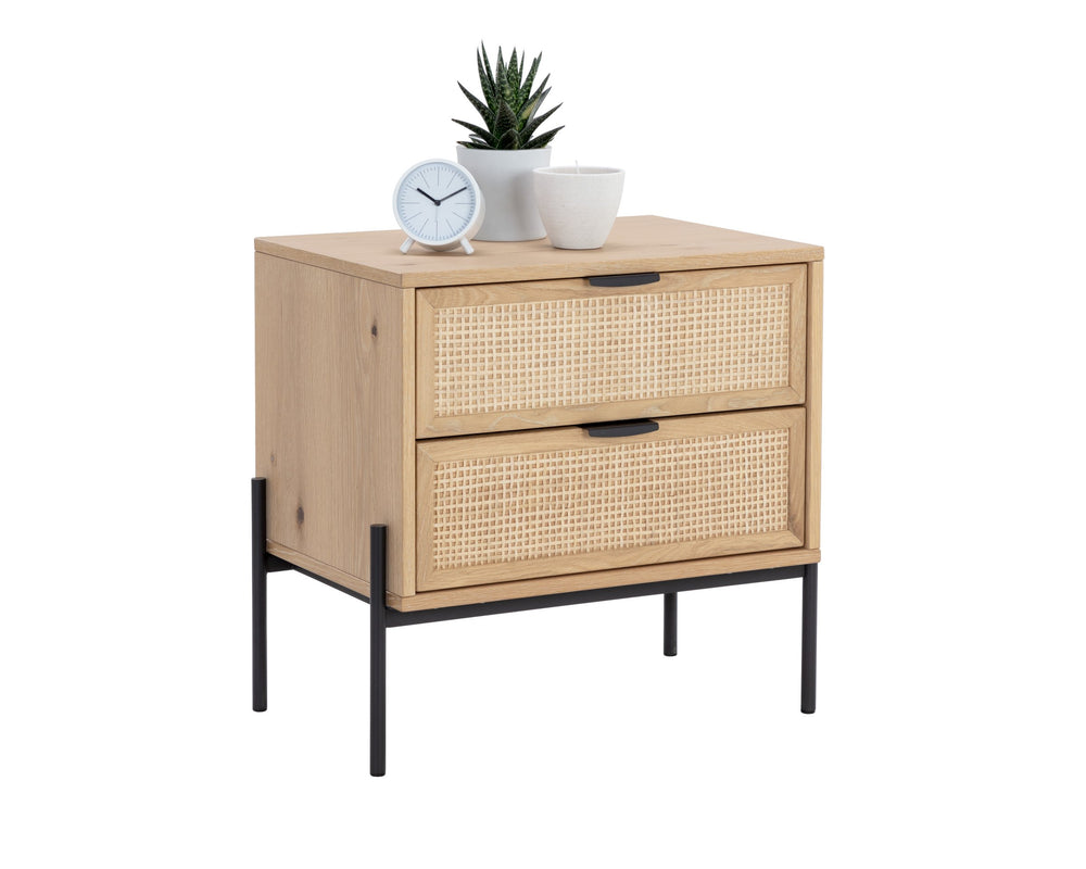 Sunpan Avida Two Drawer Nightstand Solid Oak and Woven Rattan Bohemian Bedroom Accent 110134