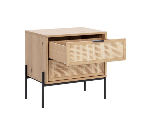 Sunpan Avida Two Drawer Nightstand Solid Oak and Woven Rattan Bohemian Bedroom Accent 110134