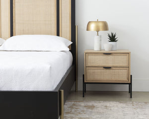 Sunpan Avida Two Drawer Nightstand Solid Oak and Woven Rattan Bohemian Bedroom Accent 110134