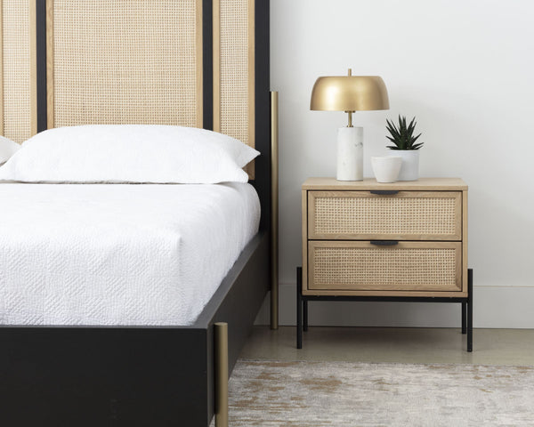 Sunpan Avida Two Drawer Nightstand Solid Oak and Woven Rattan Bohemian Bedroom Accent 110134