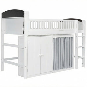 English Elm Twin Loft Bed with Wardrobe Cabinet Led Lighting and Pine Frame for Kids Rooms White N7090002235K