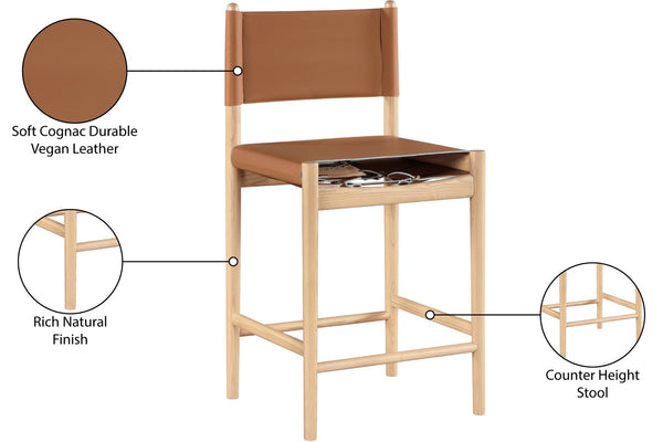 Meridian Furniture Rawlins Vegan Leather Counter Stool with Wood Frame for Kitchen Islands and Modern Dining Spaces Cognac Style A 11014Cognac-C