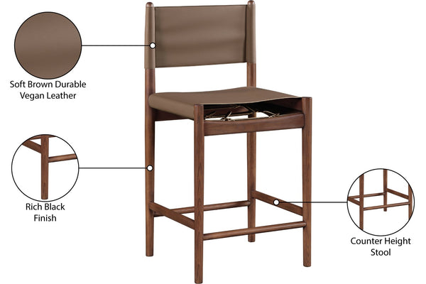 Meridian Furniture Rawlins Vegan Leather Counter Stool with Wood Frame for Kitchen Islands and Modern Dining Spaces Brown Style C 11016Brown-C