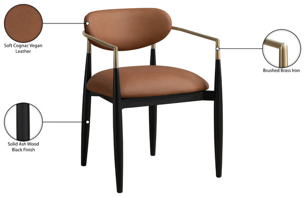 Meridian Furniture Riccio Cognac Vegan Leather Dining Arm Chair with Brass Accents and Ash Wood Frame 11017Cognac-AC