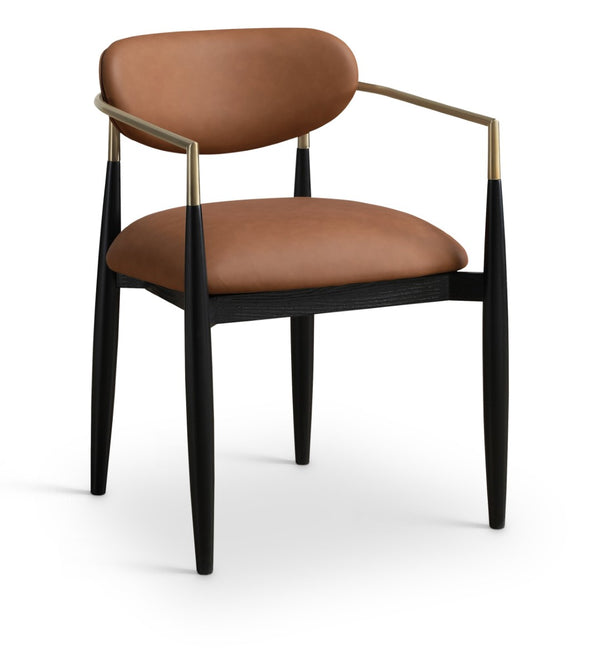 Meridian Furniture Riccio Cognac Vegan Leather Dining Arm Chair with Brass Accents and Ash Wood Frame 11017Cognac-AC