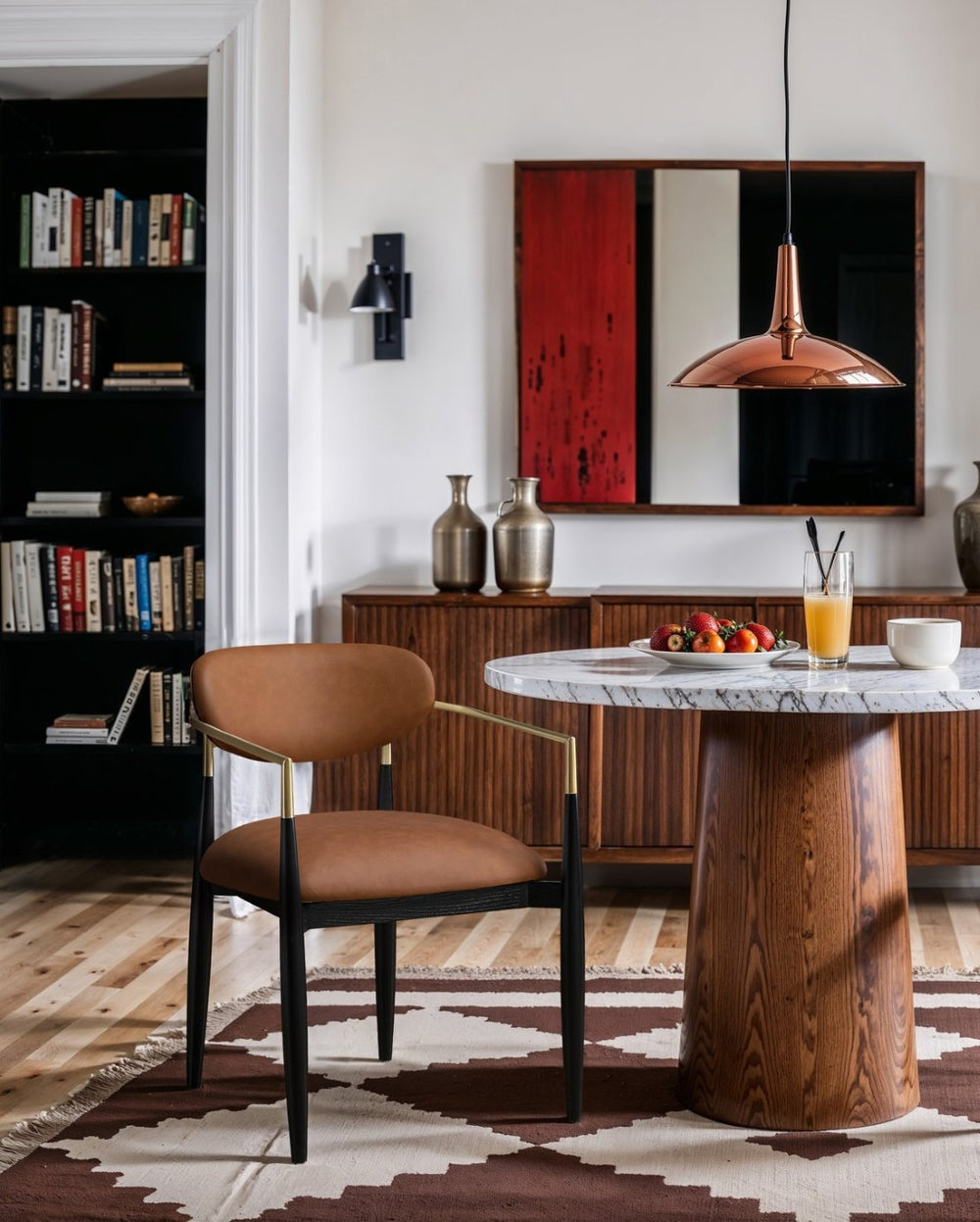 Meridian Furniture Riccio Cognac Vegan Leather Dining Arm Chair with Brass Accents and Ash Wood Frame 11017Cognac-AC