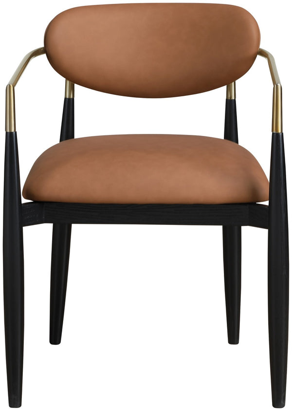 Meridian Furniture Riccio Cognac Vegan Leather Dining Arm Chair with Brass Accents and Ash Wood Frame 11017Cognac-AC