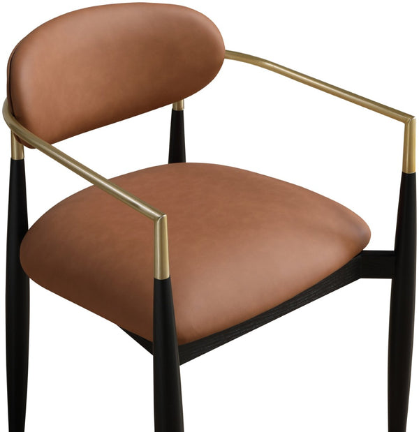 Meridian Furniture Riccio Cognac Vegan Leather Dining Arm Chair with Brass Accents and Ash Wood Frame 11017Cognac-AC