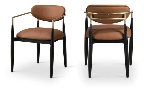 Meridian Furniture Riccio Cognac Vegan Leather Dining Arm Chair with Brass Accents and Ash Wood Frame 11017Cognac-AC