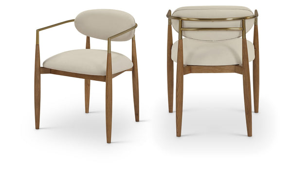 Meridian Furniture Riccio Vegan Leather Arm Dining Chair with Walnut Ash Frame and Brass Accents 11018Beige-AC