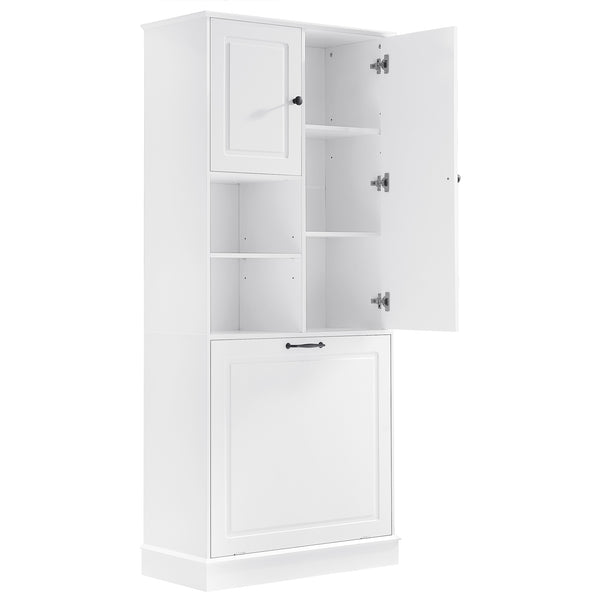 English Elm Tall Storage Cabinet with Flip-Out Basket, Adjustable Shelves & Aluminum Handles for Organized Living White N725P322739K