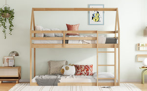 English Elm Twin Rubber Wood Floor Bunk Bed House-Shaped Design with Ladder Guardrails Sturdy Low-Profile Retreat White+Oak W504P206866