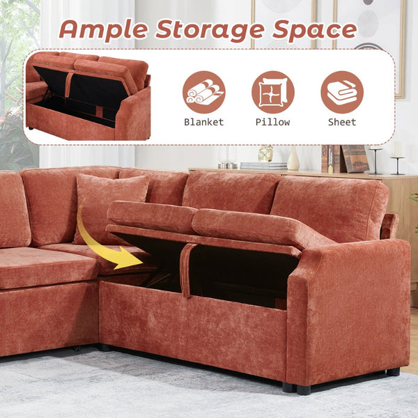 English Elm Sectional Sofa Bed - Stylish L-Shaped 81.9" Sleeper Sofa With Hidden Storage & Cozy Orange Chenille N719S002070G-GIGA