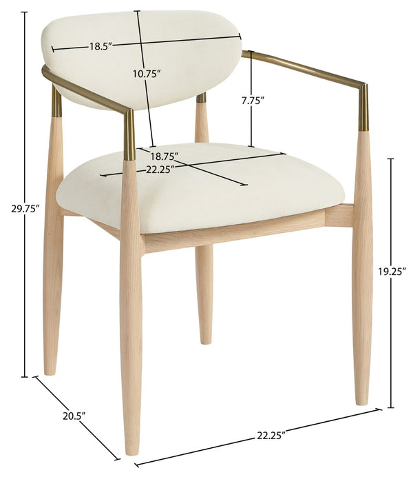Meridian Furniture Riccio Cream Polyester Arm Chair with Ash Frame and Brass Accents for Dining Rooms 11021Cream-AC