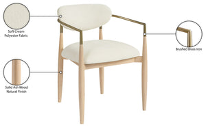 Meridian Furniture Riccio Cream Polyester Arm Chair with Ash Frame and Brass Accents for Dining Rooms 11021Cream-AC