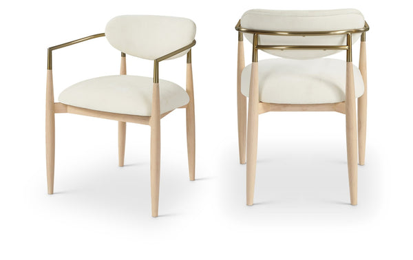 Meridian Furniture Riccio Cream Polyester Arm Chair with Ash Frame and Brass Accents for Dining Rooms 11021Cream-AC