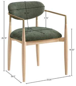 Meridian Furniture Riccio Olive Polyester Dining Arm Chair with Ash Wood Frame and Brass Leg Accents 11021Olive-AC