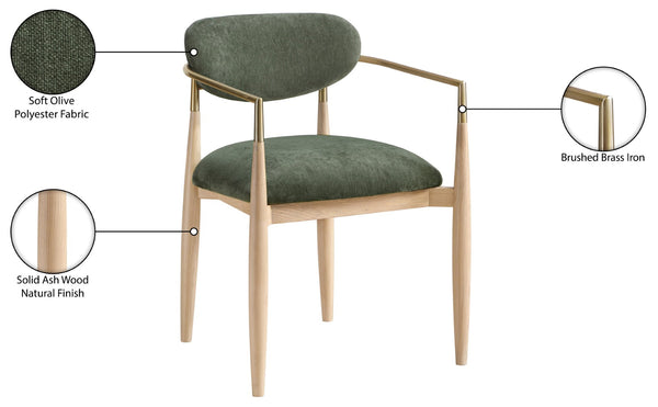 Meridian Furniture Riccio Olive Polyester Dining Arm Chair with Ash Wood Frame and Brass Leg Accents 11021Olive-AC