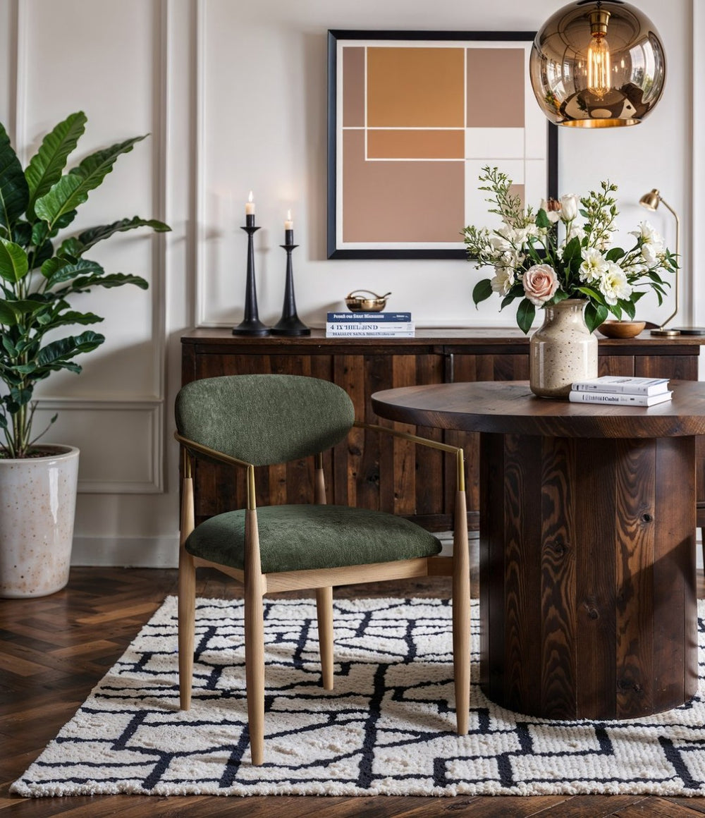 Meridian Furniture Riccio Olive Polyester Dining Arm Chair with Ash Wood Frame and Brass Leg Accents 11021Olive-AC